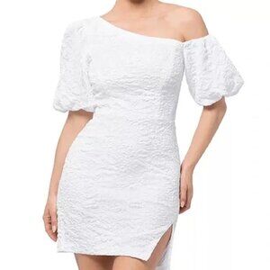 238$ AQUA Elbow Puff Sleeves Asymmetric Brocade Party Mini Dress Size 0 Ivory